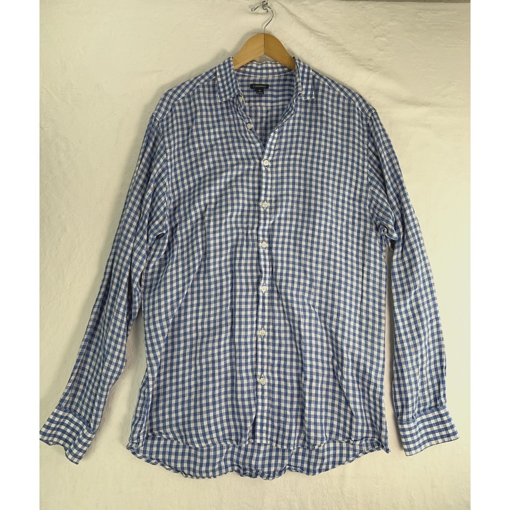 J. Peterman‎ Shirt Mens Medium Blue White Gingham Linen Button Down Long Sleeve